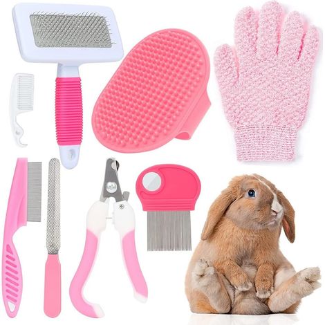 Kit Soins Animaux - Cisaille À Ongles - Brosse De Bain - Peigne Anti-Puces - Brosse Antipelliculaire - Gant De Massage - Lime À Ongles - Peigne De Nettoyage - Pour Lapins Chats Chiots Cochons D Inde F (1/5)