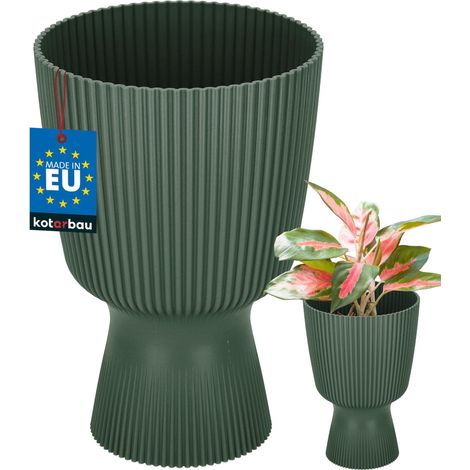KOTARBAU® Pot de Fleur  Ø 14 cm - Pot de Fleur Interieur - PVC - Pot de Fleur Exterieur - Pot pour Plante avec Socle - Nervuré - Forme de Coupe - H: 21 cm - Vert (1/4)