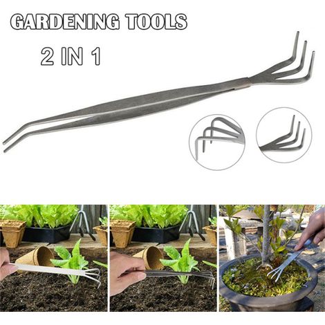 Râteau à Racines Bonsaï 2 en 1 en Acier Inoxydable avec Pince de Jardin