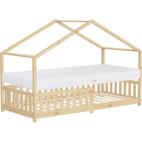 ML-Design Kinderbett Hausbett 90x200 cm Natur mit Matratze H:16cm, Holzbett mit Rausfallschutz, Lattenrost, Spielbett aus Kiefernholz für Kinder, Montessori Bodenbett Bettgestell Bettenhaus Juniorbett