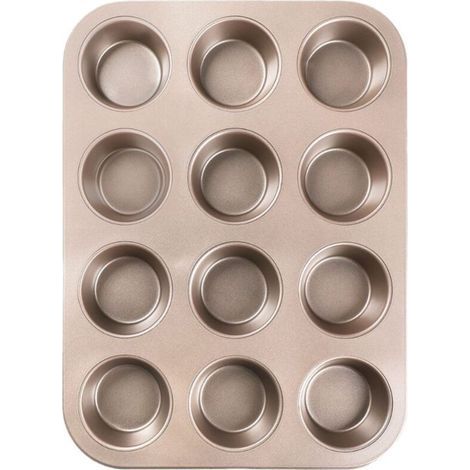 Set of 2 large non-stick muffin tins for cupcakes, brownies, cakes, puddings, 35.5 x 26.5 x 2.7 cm, gold (1/2)