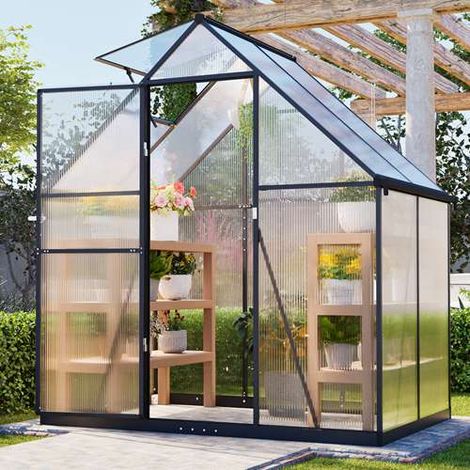 BIRCHTREE 6X4FT Polycarbonate Greenhouse Walk-In Green House Aluminium Frame (1/5)
