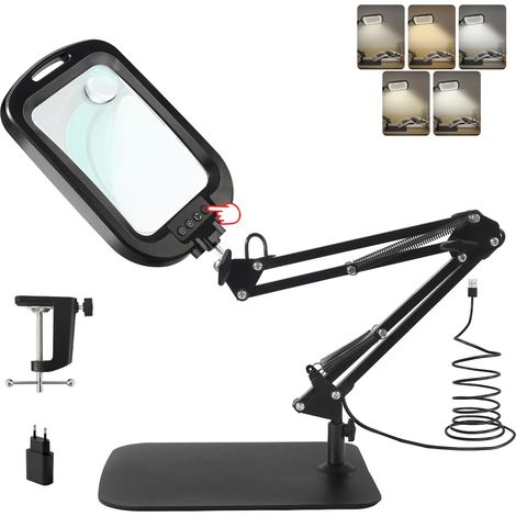 Loupe de table 10 x 30 x avec lumière et support, loupe rectangulaire avec 60 LED, 5 modes de couleur et intensité variable, loupe debout mains libres avec lumière, lampe loupe 2 en 1 avec (1/5)