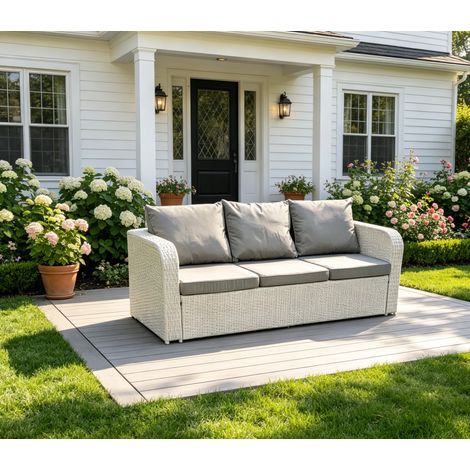Fimous High Back 3 Seater Rattan Sofa Light Grey Mixed Outdoor Furniture with Thick Removable Cushion