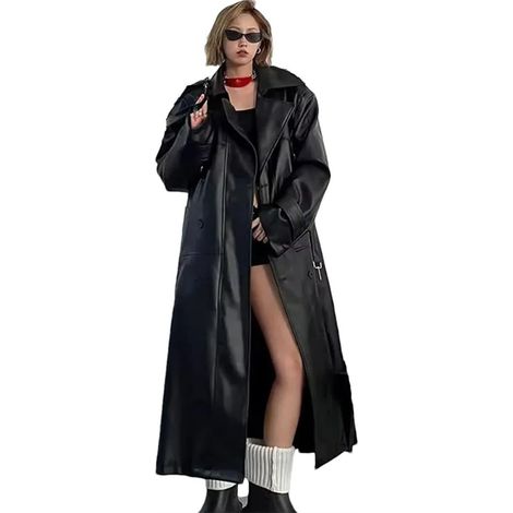 Femmes Printemps Automne Long PU Cuir Trench Manteau Lâche Casual Coupe-Vent Style Punk Coupe-Vent (1/5)