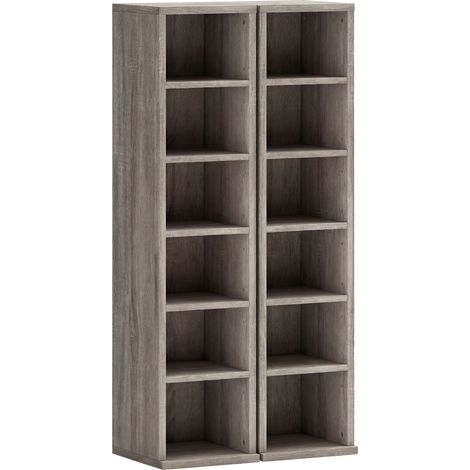 Etagère Noviglio Rangement CD DVD 12 Compartiments Effet Bois Gris