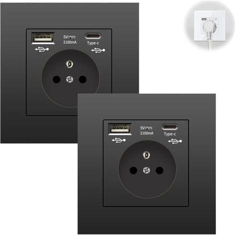 Prise murale 2 pièces avec USB et Type C, prise de courant avec protection contre les surintensités, prise de courant universelle, 86 mm noir