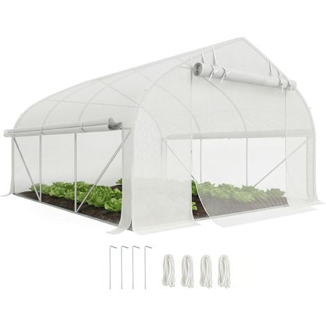 Serra tunnel 10,4 m² anti-UV, porta zip a rotolo, 350x300x200 cm, finestre a rete, bianca