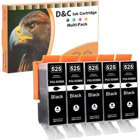 PGI-525 Cartouches d'encre compatibles Canon PGI-525 PGBK pour Canon MG5350 pour PIXMA MG5150 MG5250 IP4800 IP4850 IP4900 IP4950 IP6500 IX6550 MX885 MX715 MG8240. (5 noirs) (1/5)