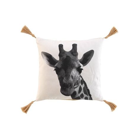 Coussin déhoussable en coton avec pompons et imprimé tête de girafe Columba - Beige - 40 x 40 cm - Livraison gratuite (1/3)
