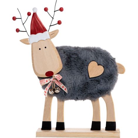 TrendLine Dekofigur Holz Rentier 28 x 24 cm grau-rot Figuren, Skulpturen & Statuen (1/2)