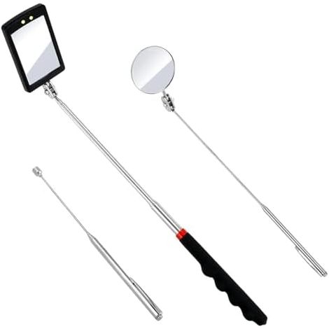 Lot de 3 miroirs d'inspection télescopiques, outil ramassage magnétique, portable, rond, rotatif à 360 degrés, LED avec tige et miroir rond/carré - (1/5)