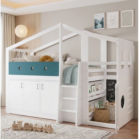 Cama casita para niños 90x200 cm blanca con escalera, zona de juego y armario (1/5)