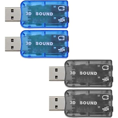 Lot de 4 cartes son externes USB 5.1 stéréo avec ports casque et micro 3.5 mm, adaptateur audio virtuel 3D 5.1 canaux, compatible Windows, 2 noires et 2 bleues (1/5)