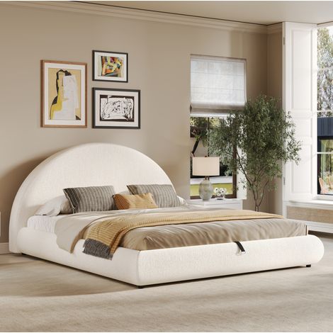 Letto matrimoniale imbottito 160x200 cm con rete, testiera alta e contenitore, bianco bouclé OKWISH (1/5)