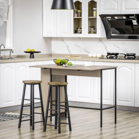 Ilot centra table de bar plateau latéral  rabattable et 3 étagères 120 x 76 x 91.4 cm gris clair