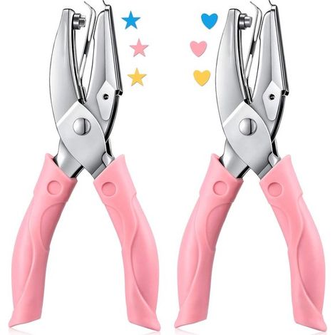 Set di 2 perforatrici manuali in metallo,Foro da 5,5 cm,Motivi a cuore e stella,Perforatrice a foro singolo con impugnatura morbida,Rosa
