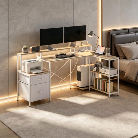 Bureau d angle avec éclairage RGB LED prises intégrées support écran et 2 tiroirs (1/5)