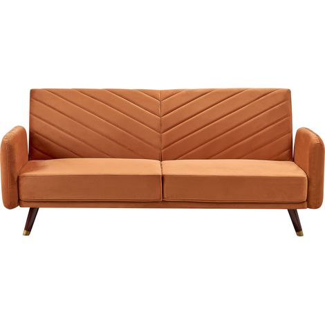 Sofá cama 3 plazas de terciopelo naranja madera oscura reclinable Senja