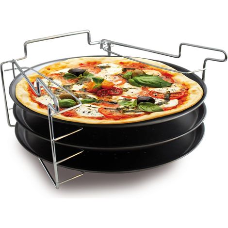Lot de 3 Plaques à Pizza, Diamètre 30 cm, Anti-adhérent, Support Ajustable, Hauteur 15 cm, Cuisson Multiple