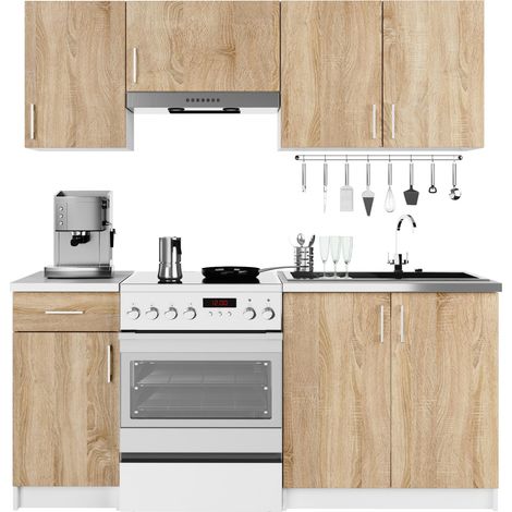 Akord – Ensemble de cuisine 180 cm – 7 portes, 1 tiroir – Façade chêne sonoma, corps blanc – 8 étagères, panneau stratifié – Hauteur 203 cm, profondeur 44,5 cm (1/4)