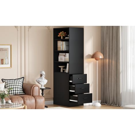 Libreria a colonna - 60x38x180 cm - Mobile stretto salvaspazio con 3 cassetti laterali e ripiani - Nero (1/5)