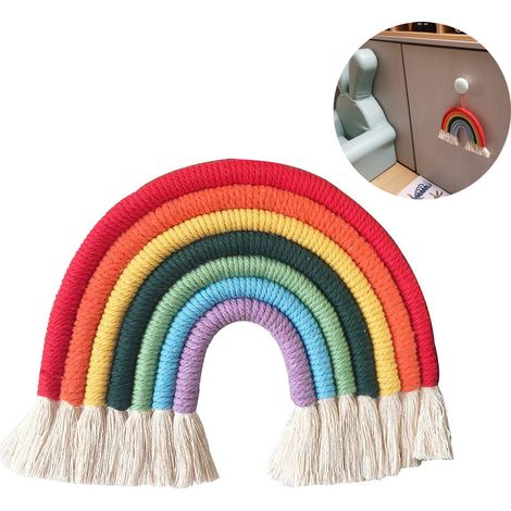 Tapisserie murale arc-en-ciel en macramé pour chambre, bébé ou salle de jeux. Petite tapisserie colorée en corde tressée avec pompons. Décoration artisanale à offrir.