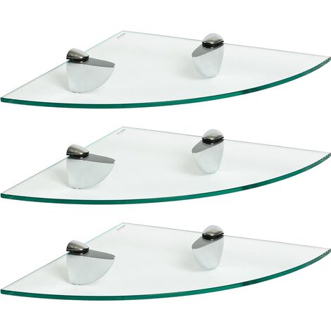 Set de 3 étagères d’angle en verre trempé – Transparent – 30 x 30 cm – Supports chromés – Idéal pour salle de bain, cuisine et douche (1/5)
