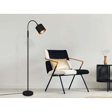 Kleine Stehleuchte TOMMY mit Flexarm & Stoffschirm Schwarz / Gold, Höhe 130cm (1/5)