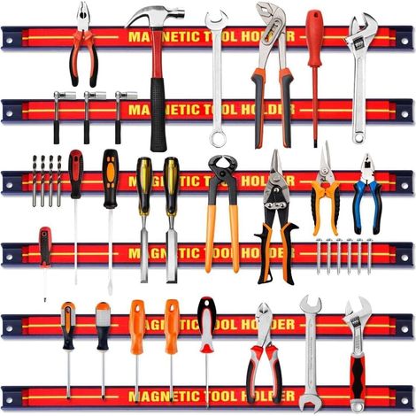 GIANTEX 6x Magnetic Tool Strip Set 46 cm Magnetic Rail Magnetic Tool Holder Wall Including Mounting Material Magnetic Strip Tool Magnetic Tool Bar Magnetic Holder Workshop Red