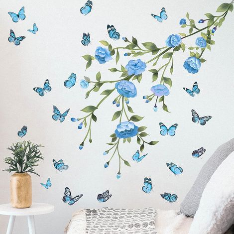 2 pegatinas de pared con mariposas florales, PVC azul autoadhesivo, decoración para sala de estar, dormitorio y armario. (1/5)