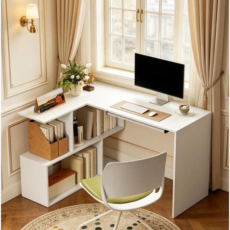 Bureau d'angle informatique en L, blanc effet bois, avec étagères de rangement et tablette coulissante pour clavier, compact pour petit espace, 120 x 100 x 76 cm - CHICFURN (1/5)