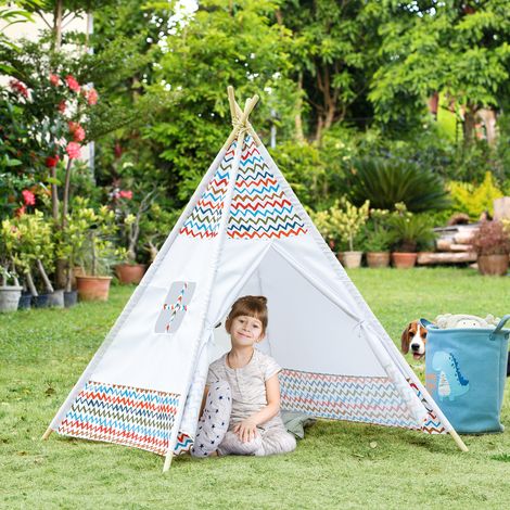 Tienda de Campaña para Niños de +3 Años Tipi Infantil de Madera Portátil con Ventana para Interiores y Exteriores 120x120x155 cm Blanco (1/5)