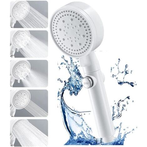 Pommeau de douche blanc à économie d'eau avec support, fonction anticalcaire, douchette haute pression à 5 jets.