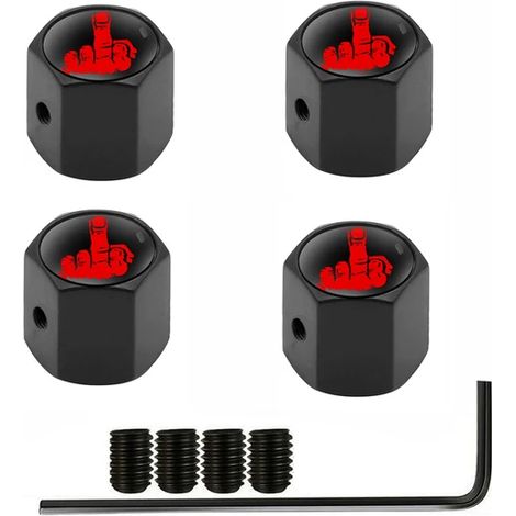(Doigt-Noir-Rouge) 4 bouchons de valve antivol pour pneus de voitures, camions et motos. Bouchon de valve avec doigt central, joint anti-poussière et verrouillage étanche. (1/5)