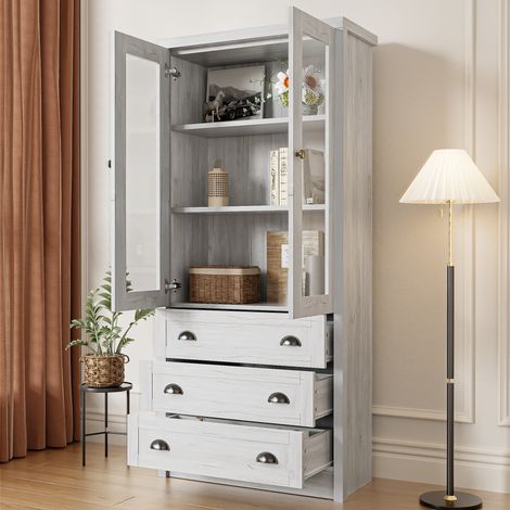 Vitrine 80 x 34 x 171 cm. Elegantes Design, Spanplatte und MDF. Glastüren. Kupfergriffe in Holzoptik. (1/4)