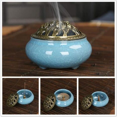Brûleur d'encens - Céramique - Bleu - Design traditionnel - Multi-fonction - Idéal pour intérieur (1/4)