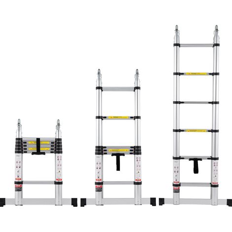 Échelle télescopique 12,5 pi en aluminium, forme A, légère et rétractable, capacité 375 lb avec barre stabilisatrice, idéale pour camping-car et caravane. (1/5)