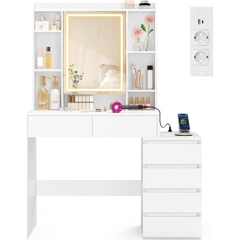 Coiffeuse moderne avec grand miroir LED réglable 40 x 105 x 145 cm ambiance cosy en panneau d'aggloméré blanc (1/2)