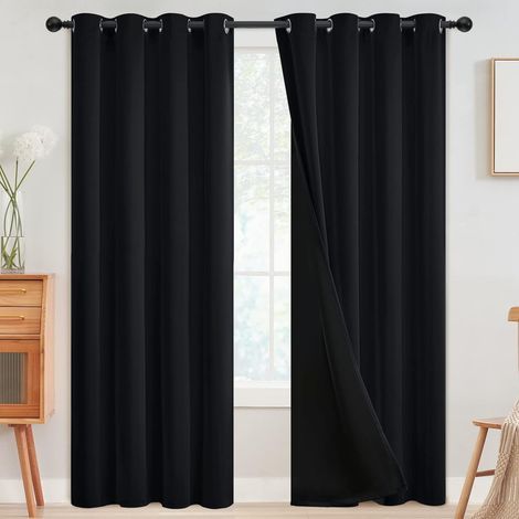Rideaux 100 % occultants pour chambre à coucher, rideaux de fenêtre isolants thermiques à œillets, rideaux noir obscurcissants pour salon avec verso noir, 52 x 84 pouces, lot de 2 panneaux (1/5)