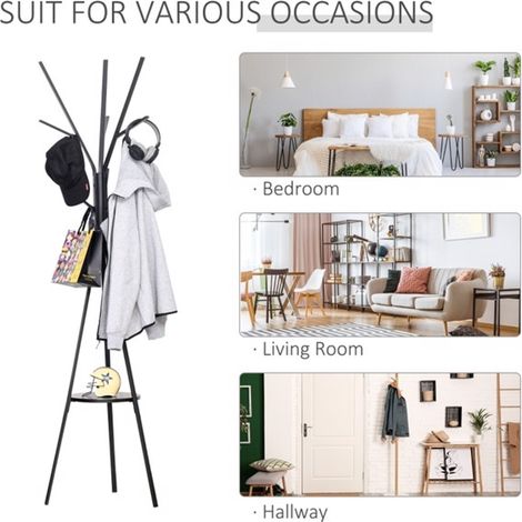 Stylish Tree Branch Coat Rack with 9 Hooks and Storage Shelf for Living Room,Bedroom,Entryway,Black Metal Design