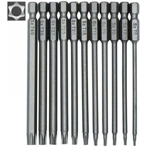 11-teiliges Set langer Schraubendreherbits – magnetische Bits – 1/4"-Sechskantschaft – Größen T6 bis T40 – Länge 100 mm