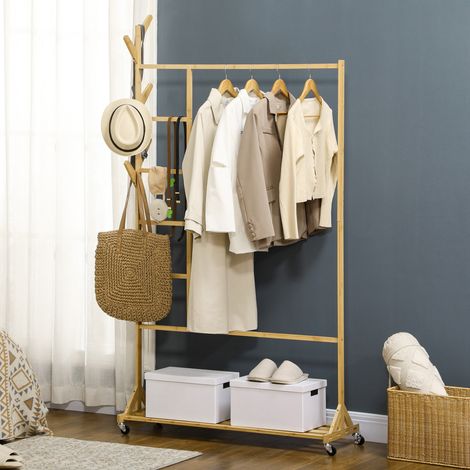 Freistehende Garderobe aus Bambusholz mit Rollen, multifunktionaler Kleiderständer mit 6 Haken, Stange und Ablage, 100 x 37 x 191 cm, Natur (1/5)