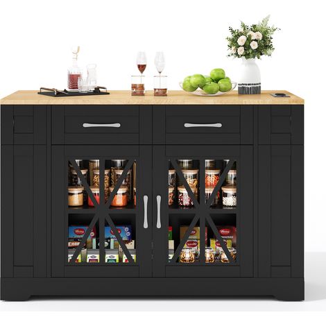 Îlot de cuisine portable de 120 cm avec table à manger rabattable, rangement ouvert, prise secteur, port USB, porte vitrée, étagère réglable, roulettes avec freins pour cuisine, salle à manger, salon  (1/5)