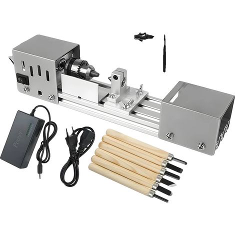 Mini torno para madera, 320 x 60 x 70 mm, 96 W de potencia, rango de velocidad de 2000 a 8000 RPM, base de aleación de aluminio, control de velocidad de 7 niveles. (1/5)
