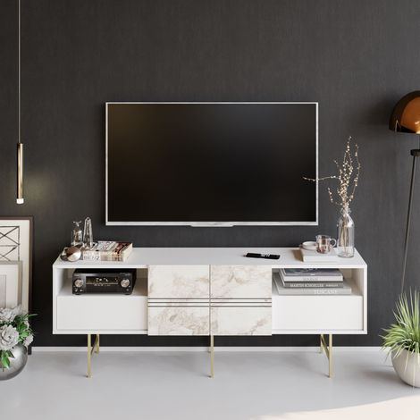 Decorotika Derin 180 Cm Meuble TV Meuble TV With Two Cabinets TV Cabinet With Metal Legs TV Console With Open Shelves And Extended Doors Up To 71 TV'S-Blanc Marble Pattern And Doré(e) (1/4)