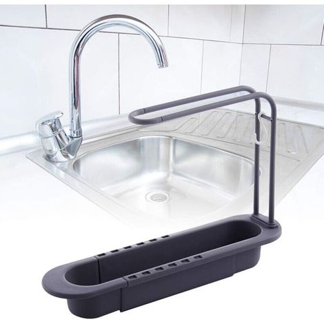 SABIR Égouttoir à vaisselle réglable avec barre porte-serviettes, support de rangement de cuisine, panier à éponge suspendu télescopique, égouttoir à chiffons, gain de place (couleur : gris, taille : (1/4)