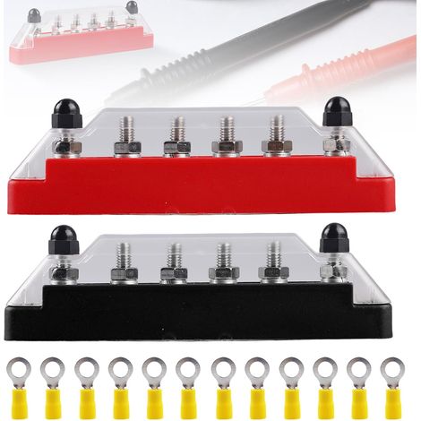 Lot de 2 barres de distribution 150 A - Borne à vis - Barre de distribution électrique - Avec 6 boulons de raccordement M6 - Pour bus, voiture, bateau, camping-car (1/5)