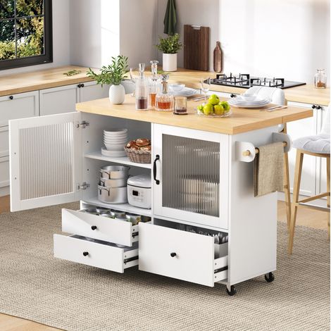 Isla de cocina 100 cm con tablero extensible, blanco/natural, con almacenamiento y ruedas (1/5)