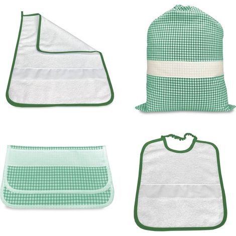SET ASILO 4 pezzi SACCO e ASCIUGAMANO e BUSTINA A QUADRETTI TINTO IN FILO con tela AIDA per ricamare il nome Verde